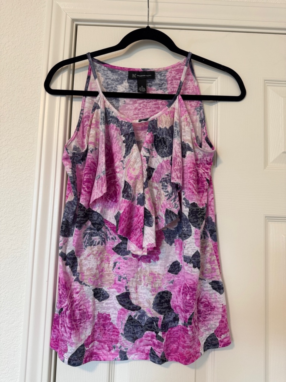 INC International Concepts Pink and Gray Floral Cold-Shoulder Ruffle Tank Top